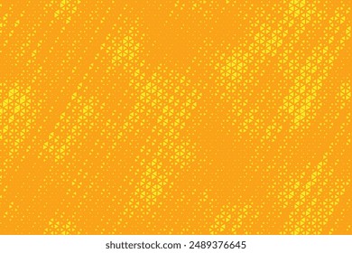 Yellow orange triangle halftone pattern. Retro comic style triangular grunge background. Square pixilated dot cartoon texture. Pop art faded gradient pattern. Vector backdrop.