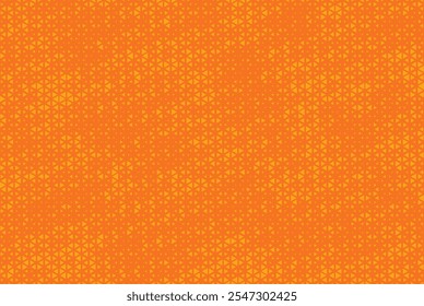 Yellow orange triangle halftone pattern. Retro comic gradient background. Triangle grunge pixilated dot cartoon texture. Pop art faded gradient pattern. Vector backdrop.