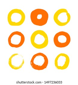 yellow, orange vector brush strokes circles of paint on white background 