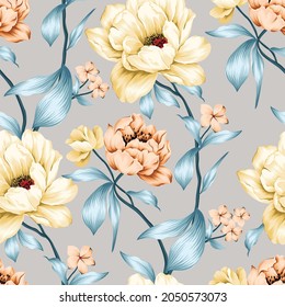 yellow and orange vector flowers with leaves pattern on grey background