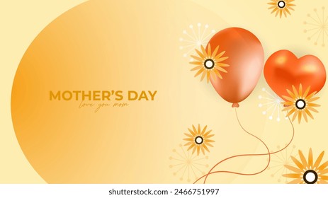 Yellow and orange vector illustration mothers day background with heart shaped balloons. Happy mothers day event poster for greeting design template and mother's day celebration