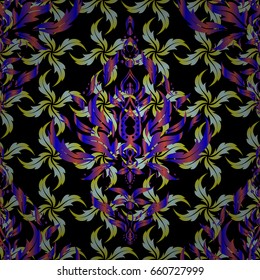 Yellow and orange vintage seamless pattern on a black background. Abstract vector texture. Low poly motley pattern illustration.