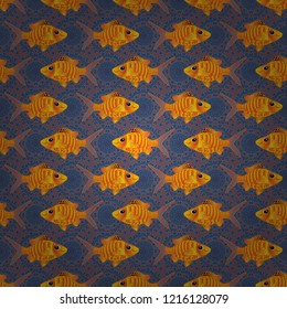 Yellow, orange and violet fish vector seamless pattern.