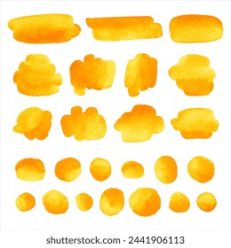 Yellow orange watercolor graphic vector design elements set. Aquarelle brush strokes, smudges, smears, oval rounded watercolour shape, doodle circles, paint spots, round stains. Backgrounds collection