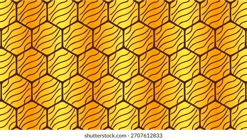 Padrão geométrico ondulado amarelo e laranja com formas de linhas orgânicas repetitivas, criando um design quente e uniforme.