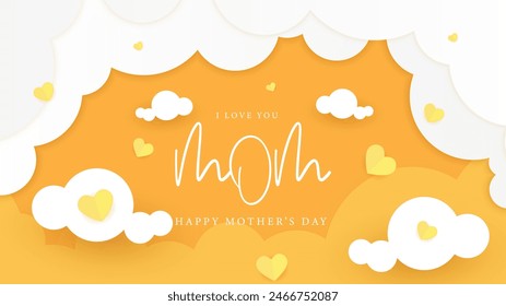 Yellow orange and white happy mother's day background decorated with love and heart. Happy mothers day event poster for greeting design template and mother's day celebration