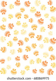 Yellow, orange and white vector seamless sea shell pattern illustration. Pearl scallop, oceanic or marine mollusk cockleshell design. Bivalve conch, shellfish repeating background, seashell textile.
