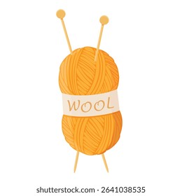 Yellow, orange wool yarn ball, skein with needles for knitting. isolated on white background. Knitting hobby. Vector illustration