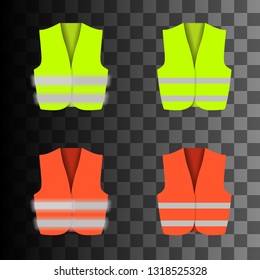 Yellow and orange work vest with reflective tape. Vest for man and women. Flat style. Vector