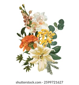 Yellow, orange zinnia, lily, orchids, fall garden flowers, eucalyptus, greenery vector design. Wedding spring summer floral bouquet.