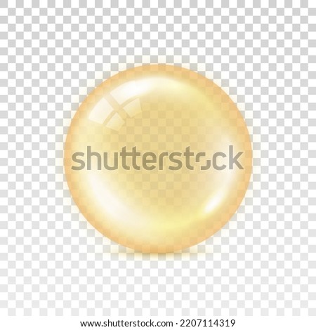 Yellow orb isolated on transparent background. Big shape glass circle with shadow. Realistic oil bubble orange color. Round sphere omega 3 collagen. Abstract bead for design print. Vector illustration [[stock_photo]] © 