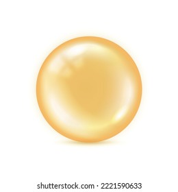 Yellow orb isolated on white background. Big shape glass circle with shadow. Realistic oil bubble orange color. Round sphere collagen. Concentrate vitamin bead for design print. Vector illustration