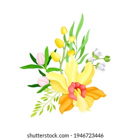 Yellow Orchid Bloom with Labellum and Floral Branches Vector Illustration