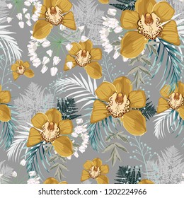Yellow orchid, herbs, fern, palm leaves and greenery seamless pattern. Wedding flowers for tropical invitation card design. Vintage grey background.