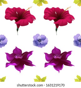 Yellow Orchid. Red Hibiscus. Purple Clematis. Violet Anemone. Vector illustration. Seamless background pattern. Floral botanical flower. Wild leaf wildflower isolated. Exotic tropical hawaiian.