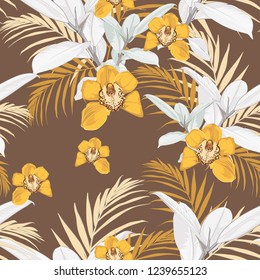 Yellow orchids, exotic grey ficus and tropical leaves. Seamless abstract tropical pattern. Vector brown vintage background.