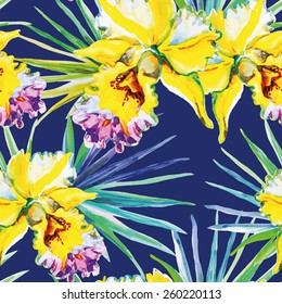 Yellow orchids with green palm leaves on the dark blue background. Watercolor seamless pattern with tropical flowers. 