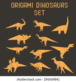 yellow origami dinosaurs on the dark background