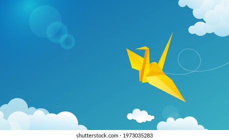 Yellow origami paper crane flying in a blue sky, abstract vector concept.