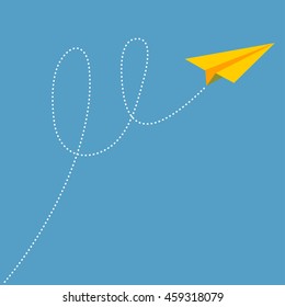Yellow origami paper plane dash line track with loop in the sky. Flat design. Blue background. Vector illustration.