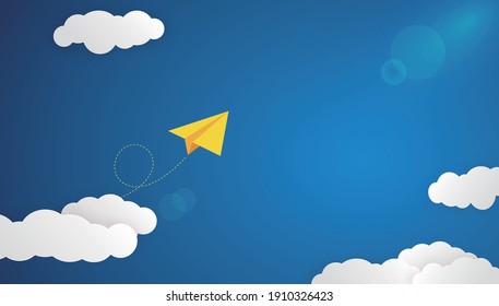 Yellow origami plane flying in the blue sky, abstract vector concept.