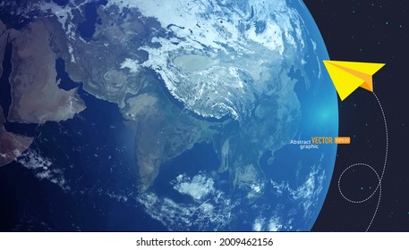 Yellow origami planes fly over the blue earth. Abstract vector technology business background.