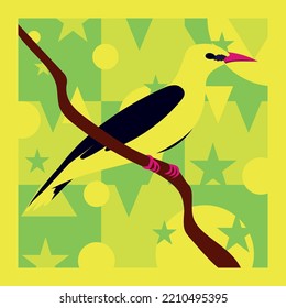 Yellow oriole on a bright abstract background of geometric shapes. Vector illustration of a bird in the flat style for the design of the cover of a music album or track