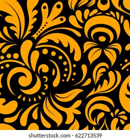 Yellow ornament on a black background. Floral seamless pattern. Seamless background. Wallpaper baroque, damask.