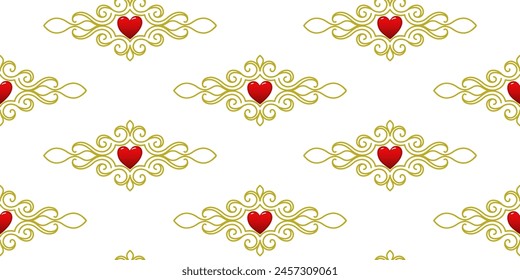 Yellow ornament with red hearts on a white background. For fabric, wallpaper, wrapping paper, holiday packaging. Vector illustration.