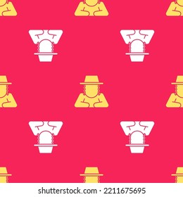 Yellow Orthodox jewish hat with sidelocks icon isolated seamless pattern on red background. Jewish men in the traditional clothing. Judaism symbols.  Vector