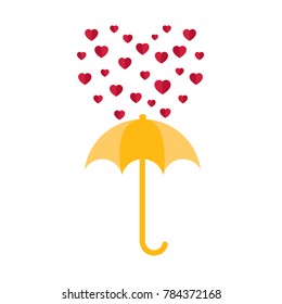 yellow outdoor umbrella and floating red hearts for Valentine's day vector illustration isolated elements on white background. Vector rain of hearts