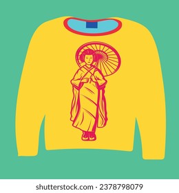 The yellow outfit in front of the background and the pink Japanese woman pattern in front of it
