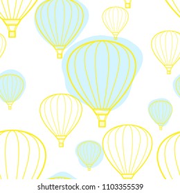 Yellow outline balloon with blue plane random on white background. Seamless pattern background design for Summer season or vacation in vector illustration.