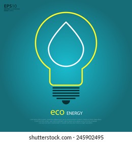 Yellow outline bulb with drop as logo with copyspace on blue background. Idea of eco-friendly source of energy. Water energy. Alternative power logo. Green energy logo. Eco power logo. Eco energy logo