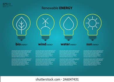 Yellow outline bulb with sun as logo with copyspace on blue background. Idea of eco-friendly source of energy. Renewable energy source. Energy conservation. Energy efficiency. Energy saving. Eco logo