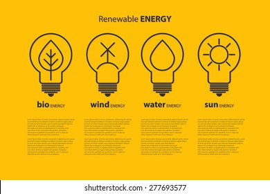 Yellow outline bulb with sun as logo with copyspace on orange background. Idea of eco-friendly source of energy