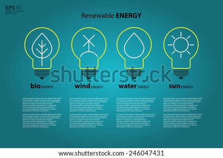 Yellow outline bulb with sun as logo with copyspace on blue background. Idea of eco-friendly source of energy. Renewable energy source. Energy conservation. Energy efficiency. Energy saving. Eco logo
