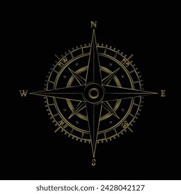 Yellow outline compass silhouette isolated on black background