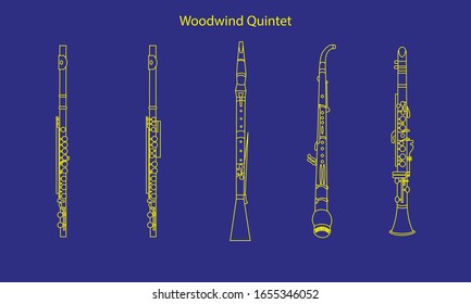 Yellow outline English horn, flute, piccolo and oboe. Woodwind quintet isolated on blue background. Musical instruments for template or art school dictionary illustration