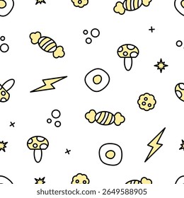 Ícone amarelo de comida, sobremesa e clima. Vetor de ovo frito, biscoitos, relâmpagos, cogumelos e doces para papel de parede, roupas, envoltório, tecido, estacionário, e casos de telefone.