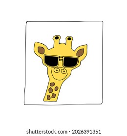 The Yellow outline hand drawing vector illustration of a fun giraffe with sunglasses isolated on a white background