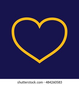 Yellow outline heart icon vector. Blue background