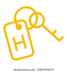 A yellow outline of a hotel key with a key ring and a tag that says 'H'.