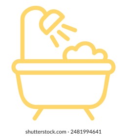 A yellow outline illustration of a bathtub with a shower head above it. The bathtub is filled with bubbles and the shower head is spraying water.