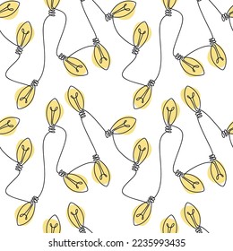 Icono vectorial de la bombilla de contorno amarilla sin fisuras. Ilustración dibujada a mano de una línea continua. Papel de escritorio, fondo gráfico, tela, impresión, papel envolvente, pancarta, tarjeta.