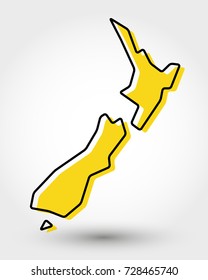 yellow outline map of New Zealand, stylized concept