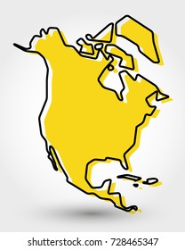 Yellow Outline Map Of North America, Stylized Concept