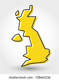 yellow outline map of UK, stylized concept