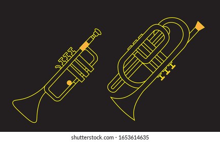 Yellow outline trumpet and cornet isolated on black background. Musical instruments for template or art school dictionary illustration