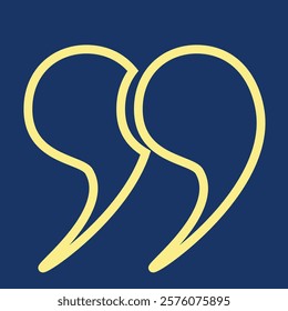 Yellow outlines of quotation marks on a blue background. A set of quotation marks, isolated round vector icon in the form of a comma. Vector EPS 10.